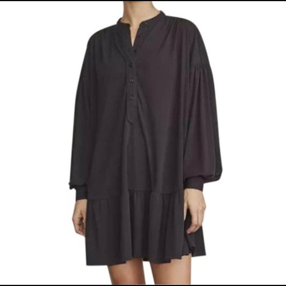 Elizabeth and James Black Front-Button Tunic Peplum Balloon Sleeve Dress-Large